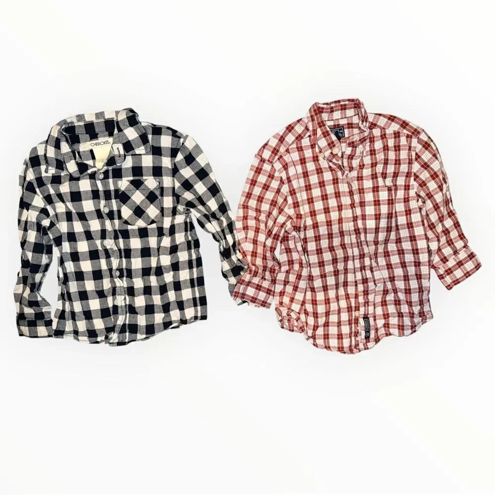 Lot of 7 Boys Plaid Button Down Shirts Size 4 Mixed Brands DKNY Cherokee Gap
